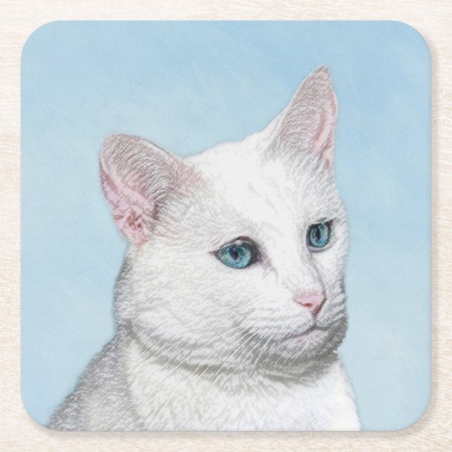 Vit kattfärg - Cute Original Cat Art Underlägg Papper Kvadrat (Framsidan)