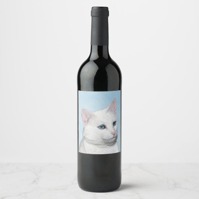 Vit kattfärg - Cute Original Cat Art Vinflaska Etikett (Framsida)