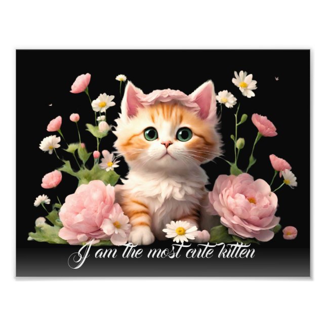 Vit kattunge katt i Flower Personlig Black Fototryck (Framsidan)