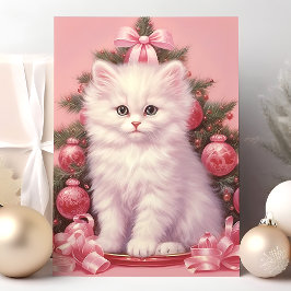 Vit kattunge och rosa julgran julkort helgkort