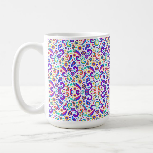 Vit keramisk mugg med livfulla färgrika paisley (Vänster)
