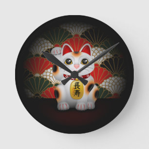 Vit keramiska Maneki Neko Rund Klocka