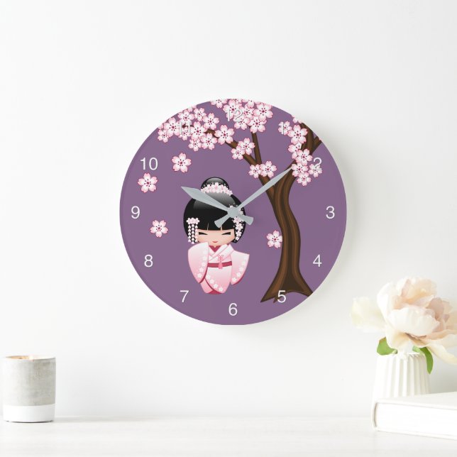 Vit Kimono Kokeshi-docka Söt Geisha-flicka Lila Stor Klocka (Hem)