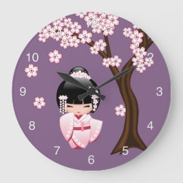Vit Kimono Kokeshi-docka Söt Geisha-flicka Lila Stor Klocka