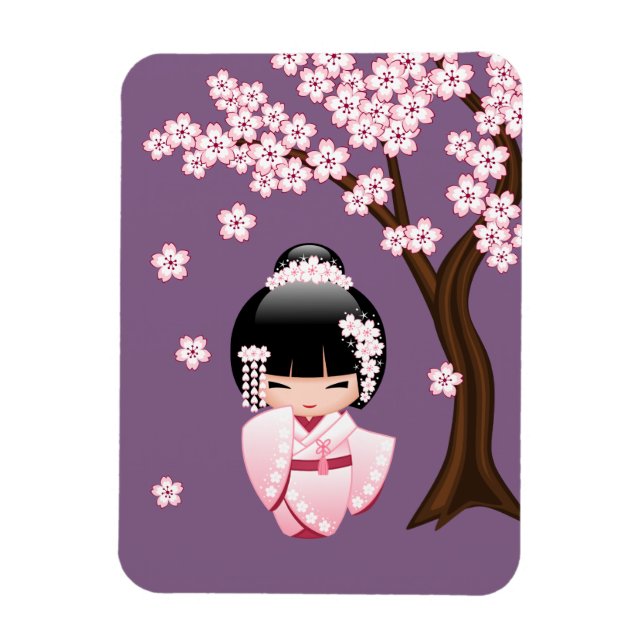 Vit Kimono Kokeshi-docka - Söt Geisha-flicka Magnet (Vertikal)