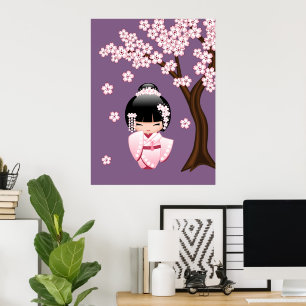 Vit Kimono Kokeshi-docka - Söt Geisha-flicka Poster
