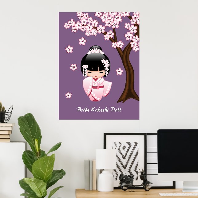 Vit Kimono Kokeshi-docka - Söt Geisha-flicka Poster (Hemmakontoret)