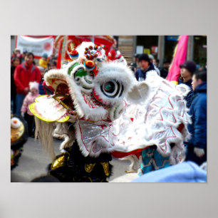 Vit kinesisk Lejon Dancer Chinatown Poster