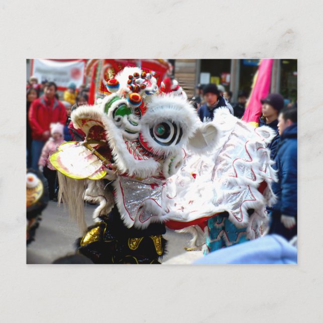 Vit kinesisk Lejon Dancer Chinatown Vykort (Framsida)