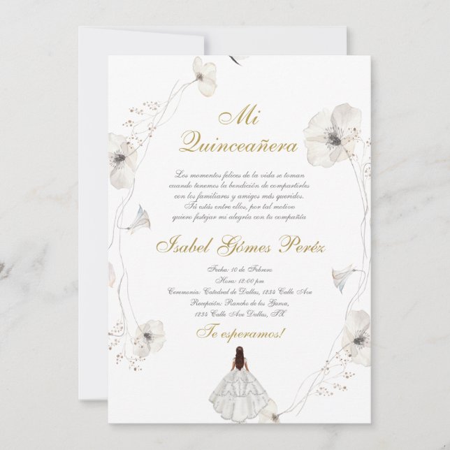 Vit klänning Quinceanera silhouette spansk Inbjudningar (Framsida)
