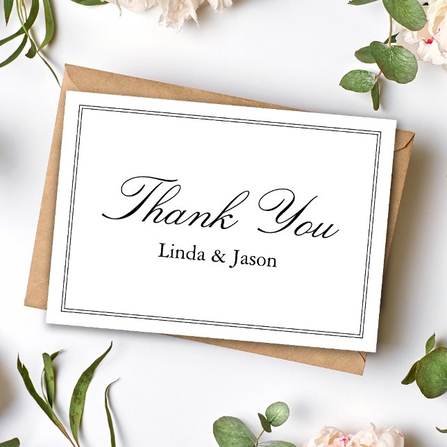 Vit klassisk bröllop tack-kort med script-typsnitt inbjudningar (White classic script thank you card shares heartfelt gratitude with timeless elegance.)