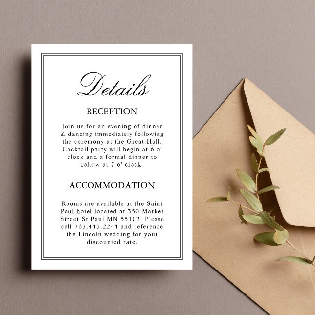 Vit Klassisk Bröllopsdetaljer Bifogad Kvitto Kort (White classic details enclosure card shares key info with elegant clarity for wedding guests.)