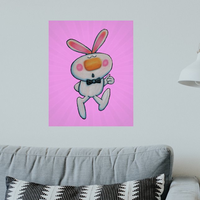 Vit knöl upp Orange Nose Rosa Mönster Poster (Cute cartoon white rabbit giving thumbs up sign wearing bow tie on pink artwork poster.)
