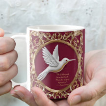 Vit kolibri på röd morgonvälsignelse mugg
