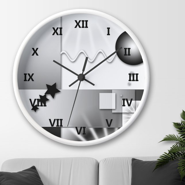 Vit konst Deco-muskel i Stil Rund Klocka (Wall clock with a playful geometric art deco design in black and white.)