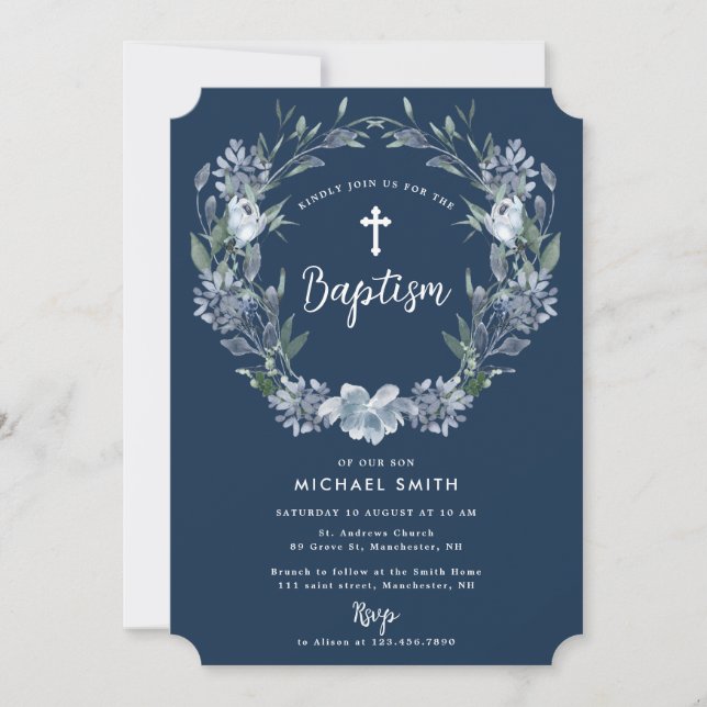 vit kor blå blommigt, modern baptism-inbjudan inbjudningar (Framsida)