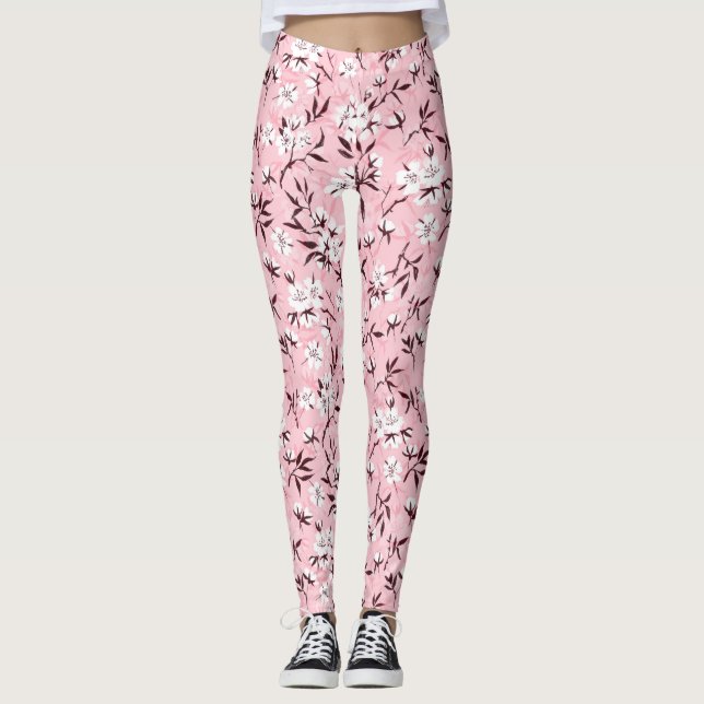 Vit körsbärs-blommar leggings (Framsida)