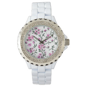 Vit körsbärs blommar på vitt armbandsur
