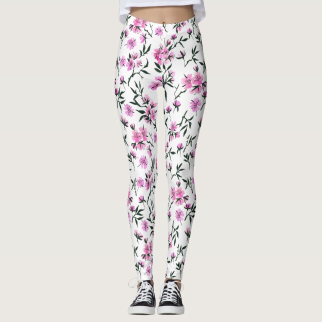 Vit körsbärs blommar på vitt leggings (Framsida)
