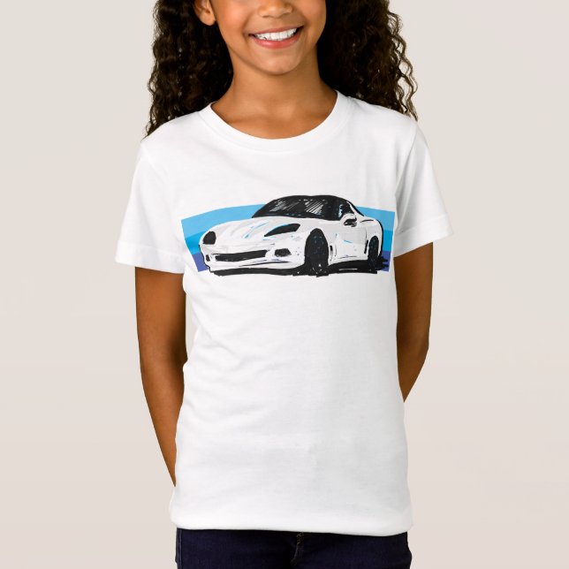 Vit korvett C6 med blå Rand T Shirt (Framsida)