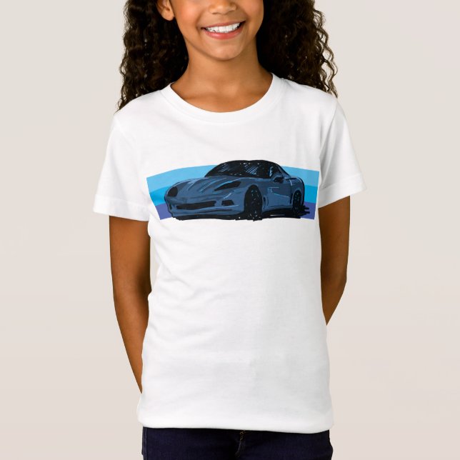 Vit korvett C6 med blå Rand T Shirt (Framsida)