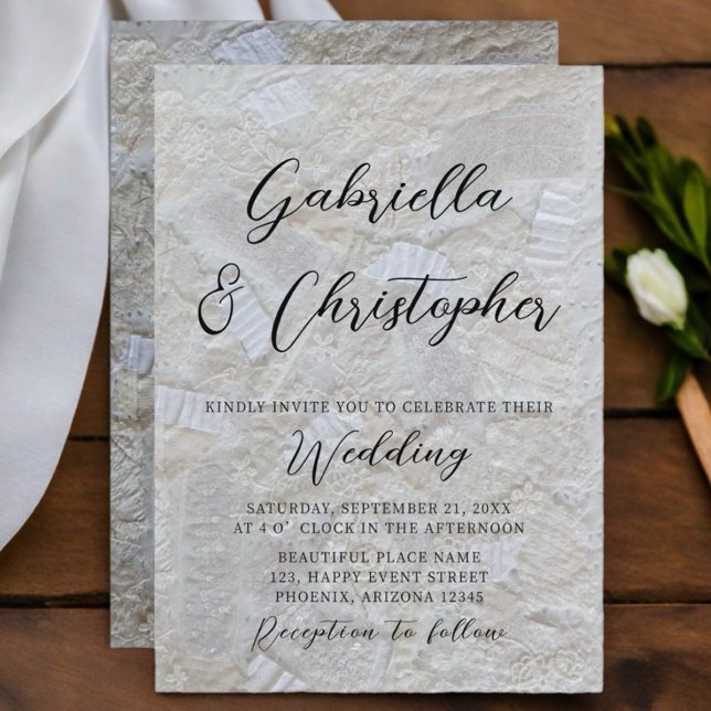 Vit kräm mönster svart kalligrafi bröllop  inbjudningar (Skapare uppladdad)