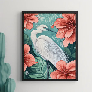 Vit kran i blommande blommor, naturen inspirerad poster
