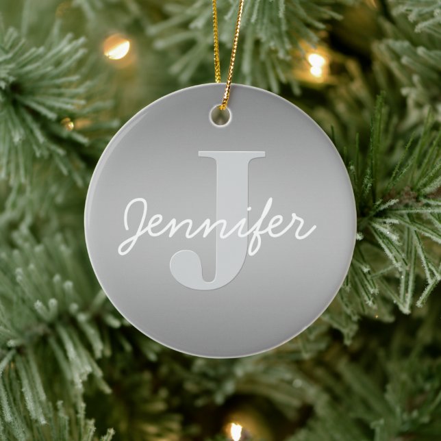 Vit kursiv & grått monogram | Redigerbara färger Julgransprydnad Keramik (Träd)
