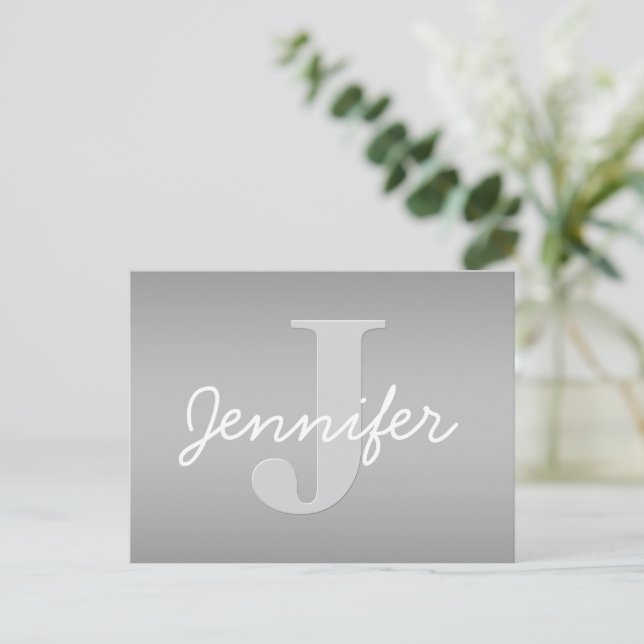 Vit kursiv stil & grått monogram | Redigerbara fär Vykort (Stående Fram)