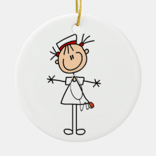 Vit kvinnlig Stick figur Nurse 2 Julgransprydnad Keramik