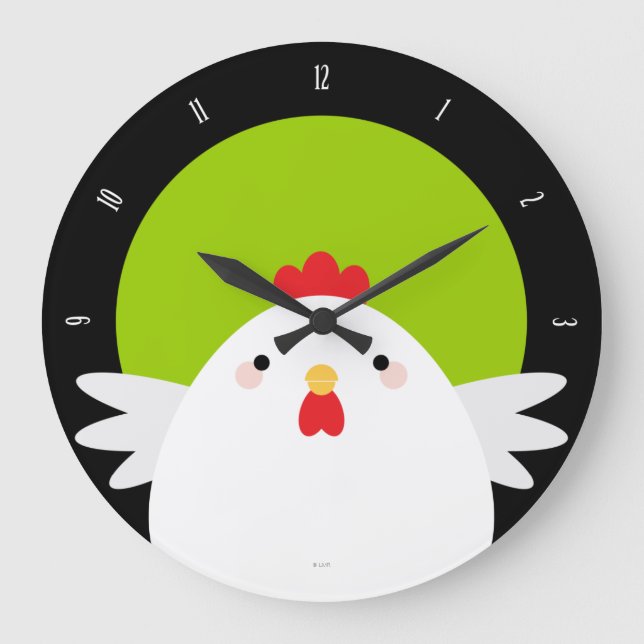 Vit kyckling vid Grönt Wall Clock Stor Klocka (Framsida)