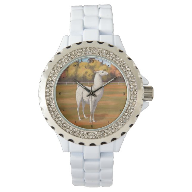 Vit lama på höstgårdens betesmark armbandsur (Framsida)