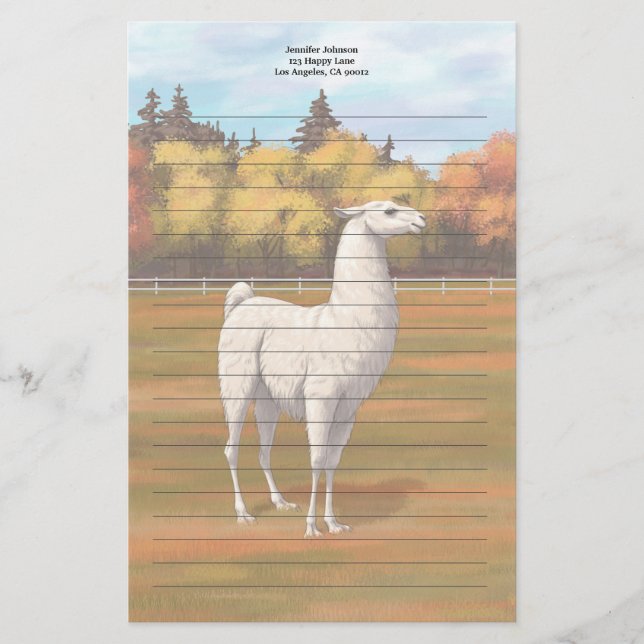 Vit lama på höstgårdens betesmark brevpapper (Framsida)