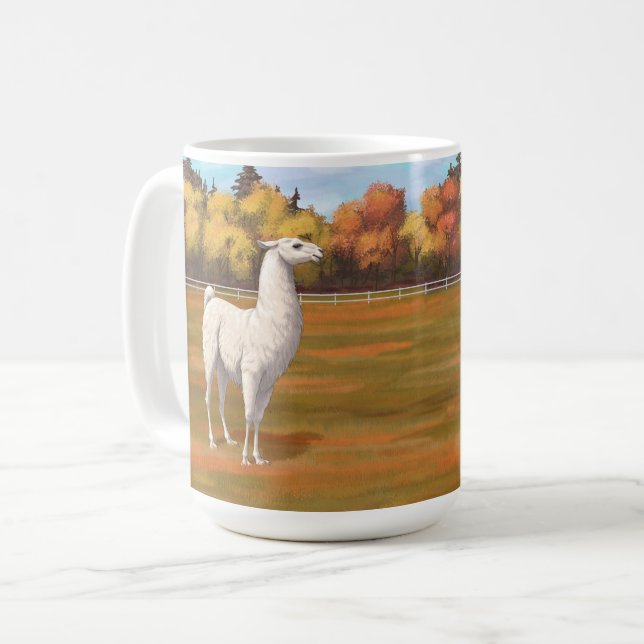 Vit lama på höstgårdens betesmark kaffemugg (Framsida vänster)