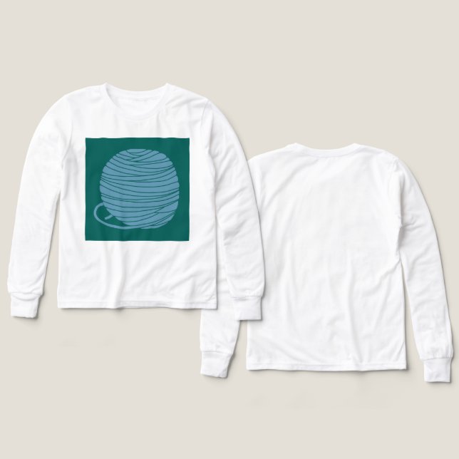 Vit långärmad "Yarn Ball" t-shirt  (Design framsida och baksida)