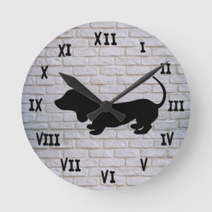 Vit lås av tegelsten Dachshund Silhouette Wall Clo Rund Klocka