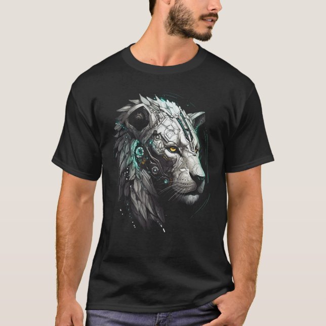 Vit Lejon Fantasy Robot Animal Lejon T Shirt (Framsida)