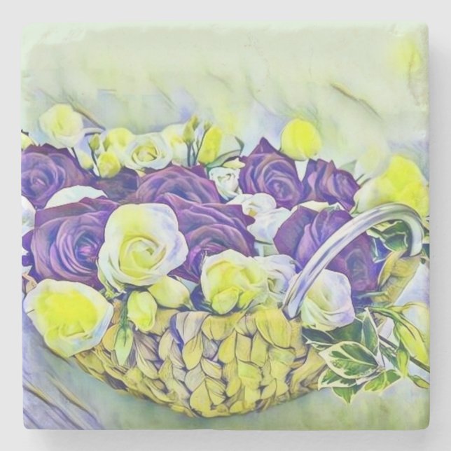 Vit Lila Basket i Ro Vattentärfärgning Stenunderlägg (Framsidan)