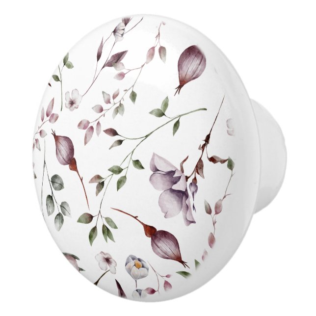 Vit Lila Buds Löv VattenfärgsBlommönster Knopp (Höger)