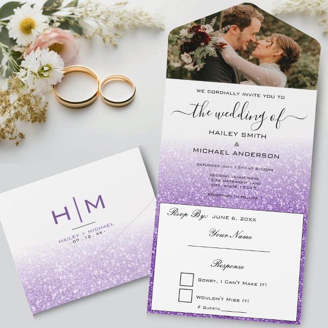 Vit & Lila Glitter Ombre Modern Bröllopsfoto (White & Purple Glitter Ombre Modern Photo Wedding All In One Invitation)