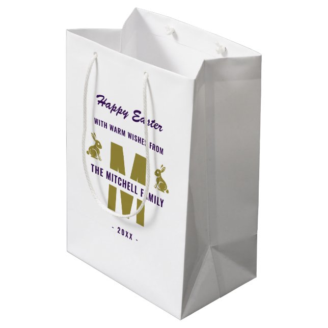 Vit Lila Guld Monogram Namn Glad påsk Bunny (Baksidan Vinklad)