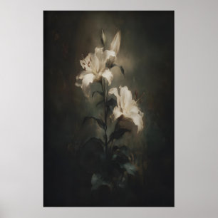 Vit Lilja Blomma Utskrivbar Mörk Blommig Väggkonst