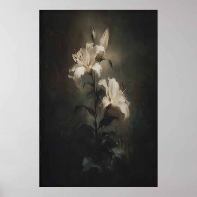 Vit Lilja Blomma Utskrivbar Mörk Blommig Väggkonst (Framsidan)
