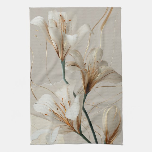 Vit Lilja Guld Minimalistisk Elegant Neutral Kökshandduk (Vertikal)