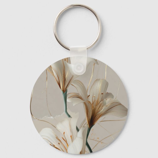 Vit Lilja Guld Minimalistisk Elegant Neutral Nyckelring (Framsida)