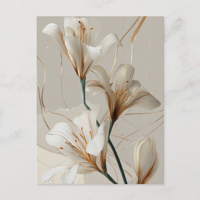 Vit Lilja Guld Minimalistisk Elegant Neutral Vykort (Framsida)