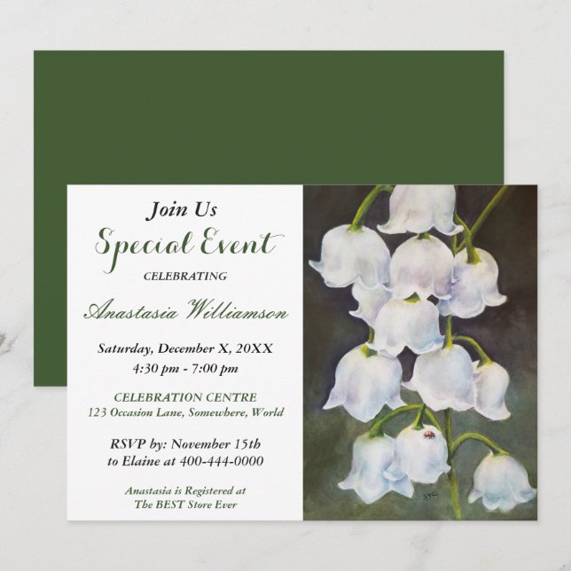 VIT LILJEKONVALJEPARTY INVITATION INBJUDNINGAR (Fram/baksida)