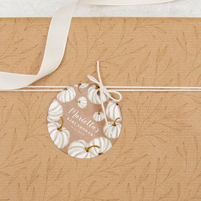 Vit, lilla pumpa, koldyna gåvor etiketter (White Little pumpkin kraft fall baby shower Favor Tags)