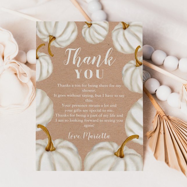 Vit, lilla pumpa, koldyna tack kort (White Little pumpkin kraft fall baby shower Thank You Card)