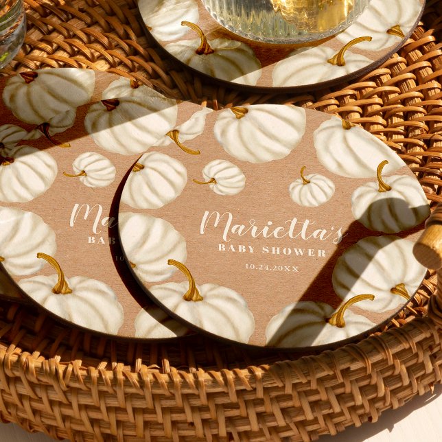 Vit, lilla pumpa, koldyna underlägg papper rund (White Little pumpkin kraft fall baby shower Round Paper Coaster)